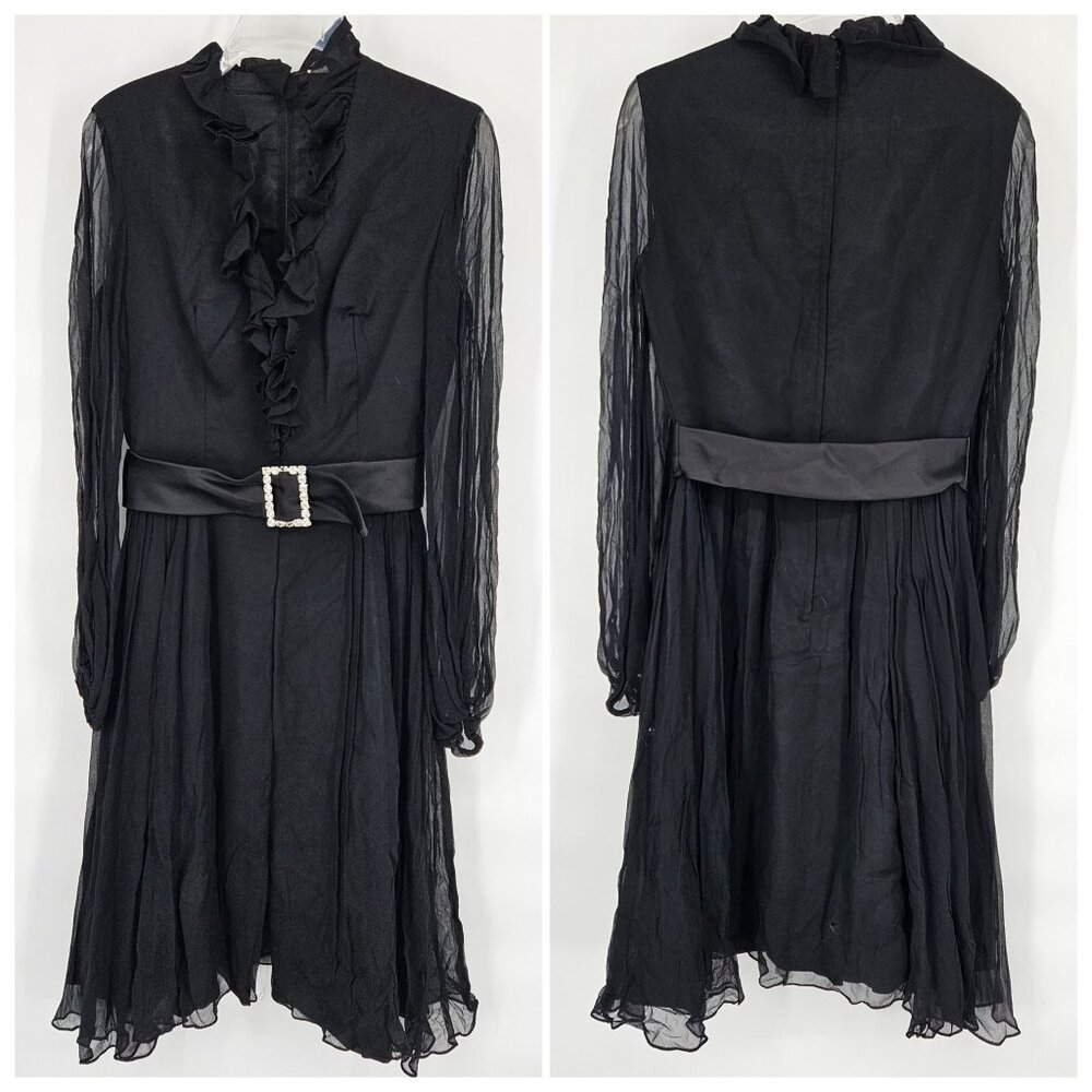 Vintage 1960s Cocktail Party Dress 9 Black Chiffon Ruffle V Neck Rhinestone Belt